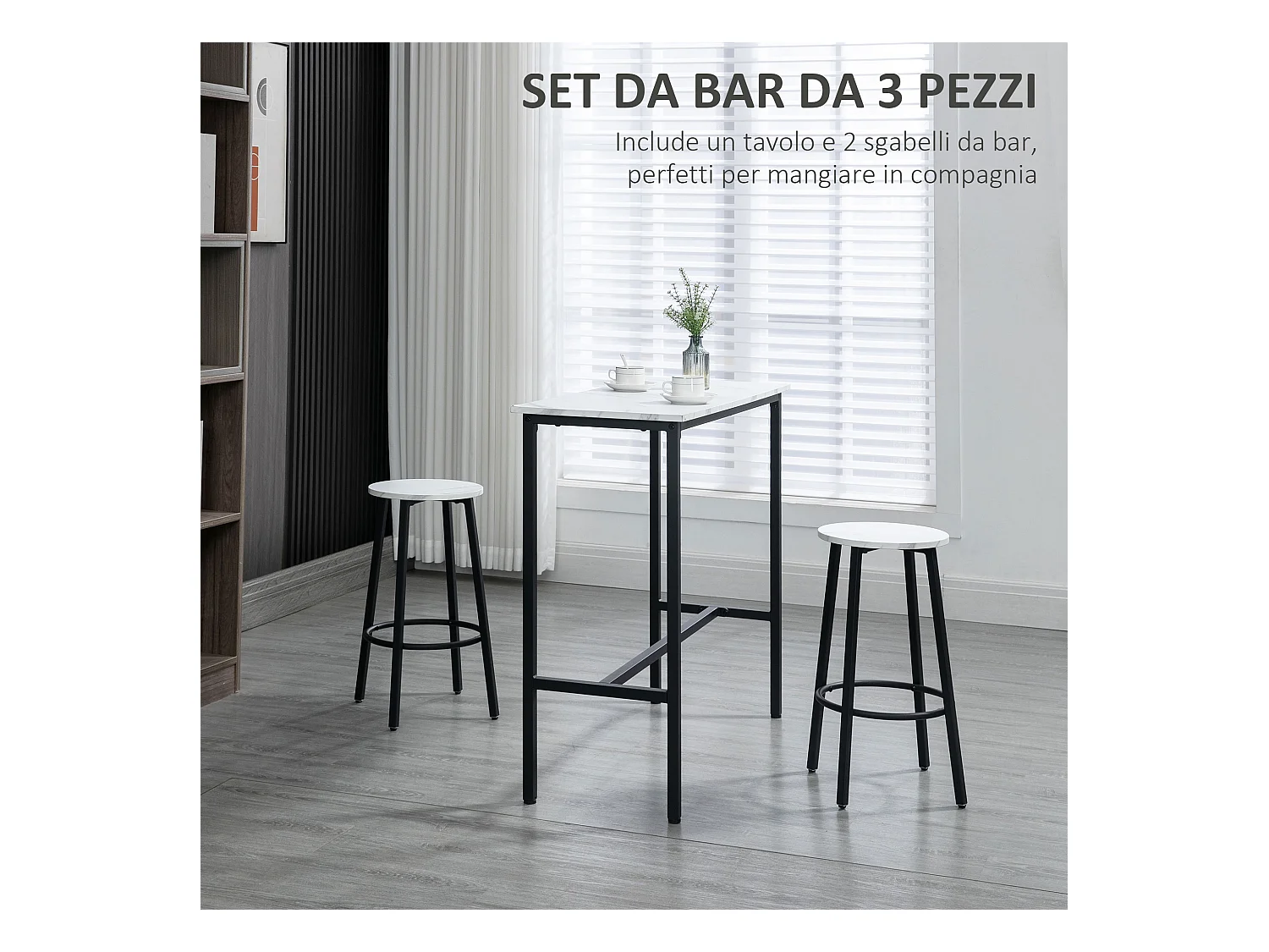 Set 3pz tavolo rettangolare e sgabelli da bar bianco e nero