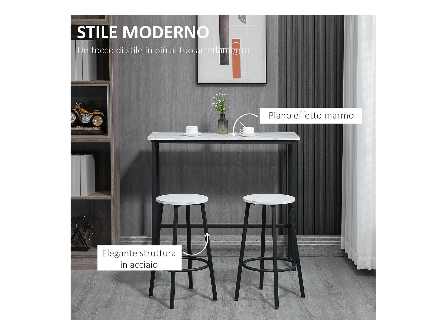 Set 3pz tavolo rettangolare e sgabelli da bar bianco e nero