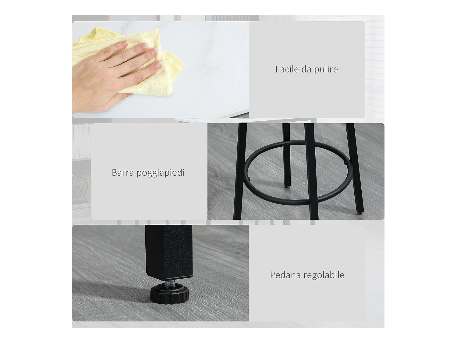 Set 3pz tavolo rettangolare e sgabelli da bar bianco e nero