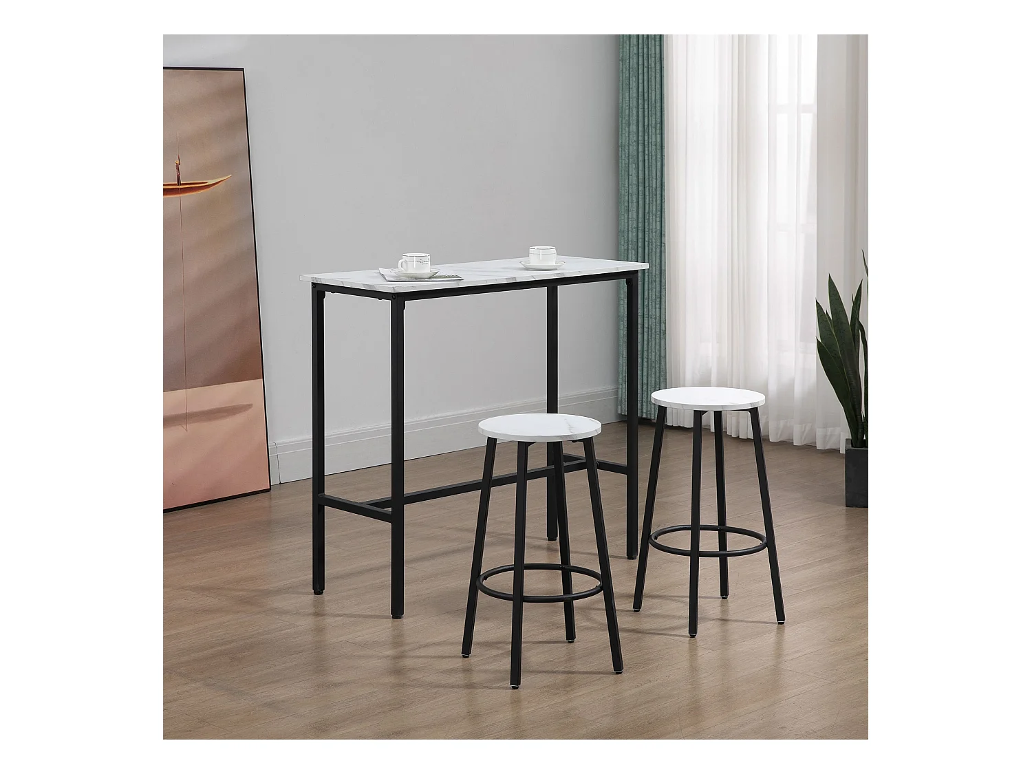 Set 3pz tavolo rettangolare e sgabelli da bar bianco e nero