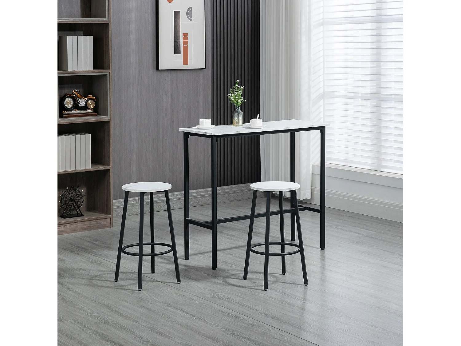 Set 3pz tavolo rettangolare e sgabelli da bar bianco e nero