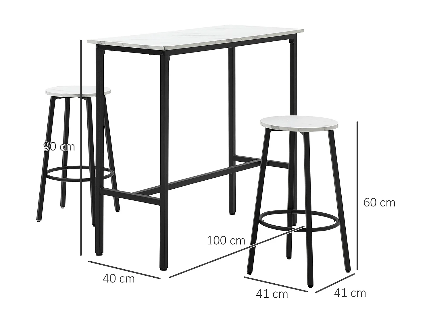 Set 3pz tavolo rettangolare e sgabelli da bar bianco e nero