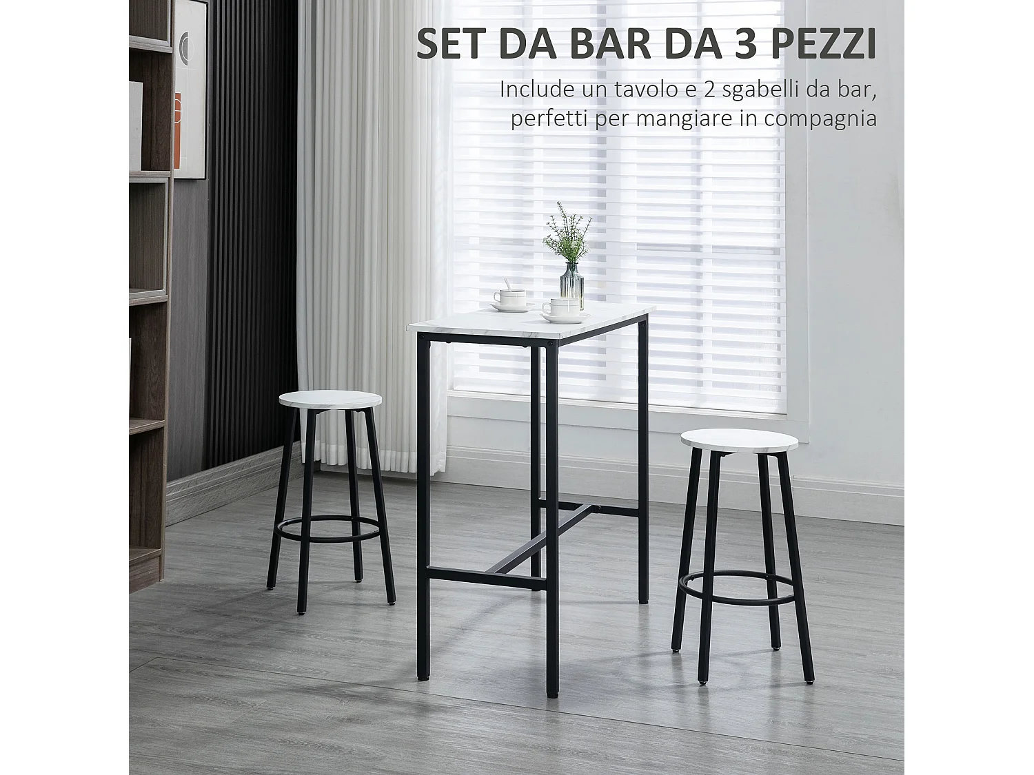 Set 3pz tavolo rettangolare e sgabelli da bar bianco e nero