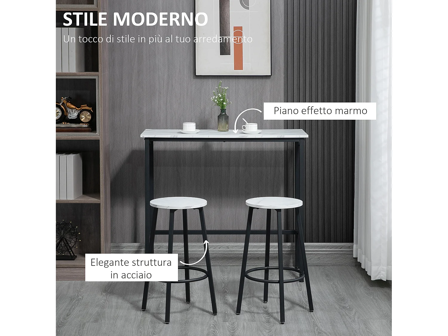 Set 3pz tavolo rettangolare e sgabelli da bar bianco e nero