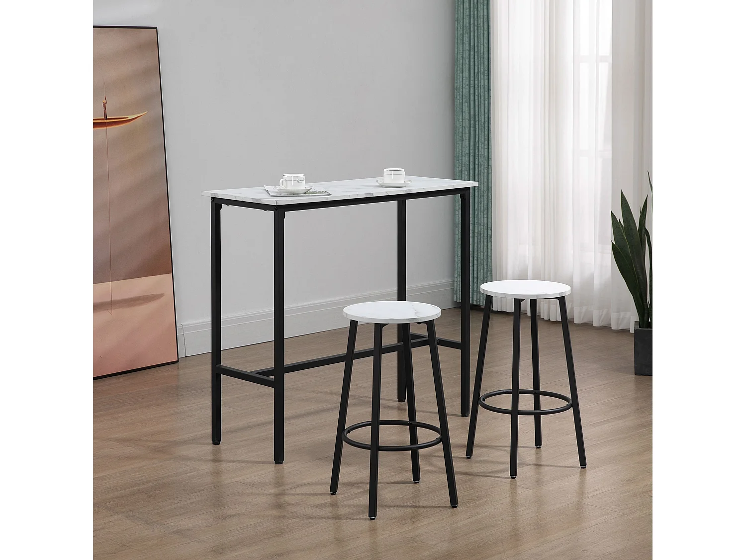 Set 3pz tavolo rettangolare e sgabelli da bar bianco e nero