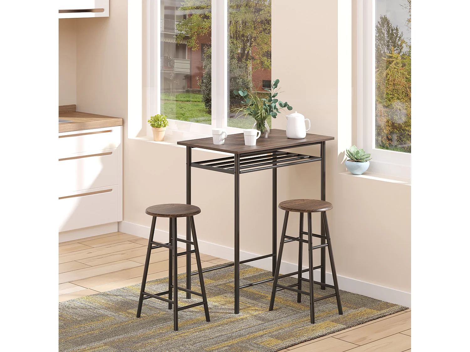 Tavolo alto con 2 sgabelli struttura in acciaio con mensola nero