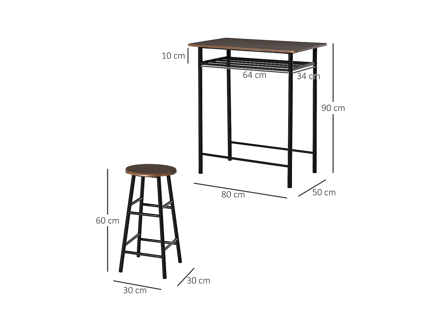 Tavolo alto con 2 sgabelli struttura in acciaio con mensola nero