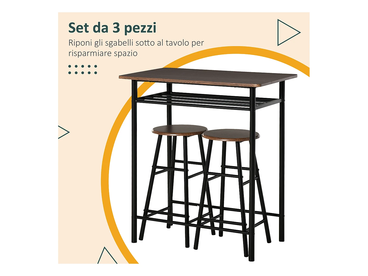 Tavolo alto con 2 sgabelli struttura in acciaio con mensola nero