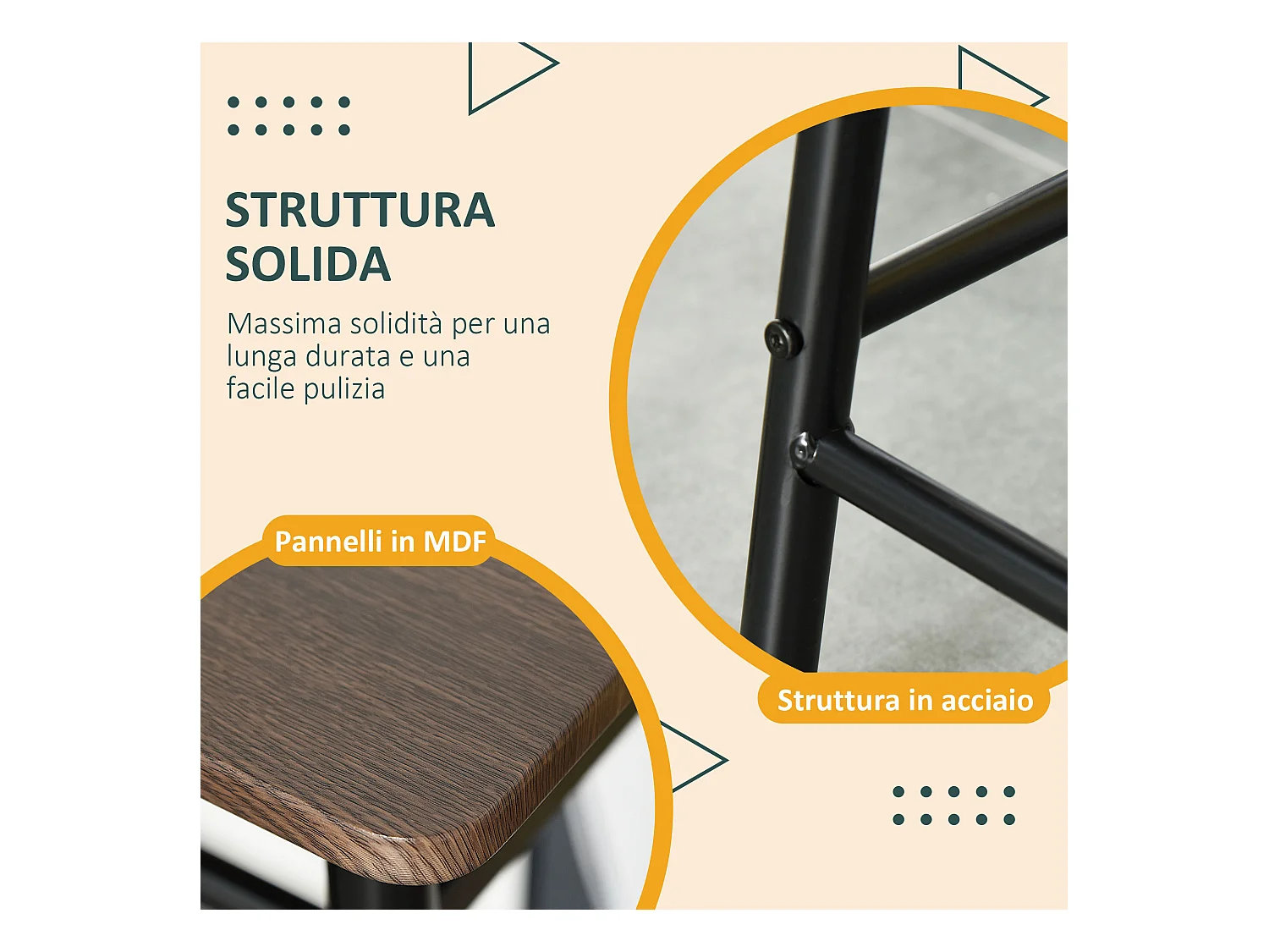 Tavolo alto con 2 sgabelli struttura in acciaio con mensola nero