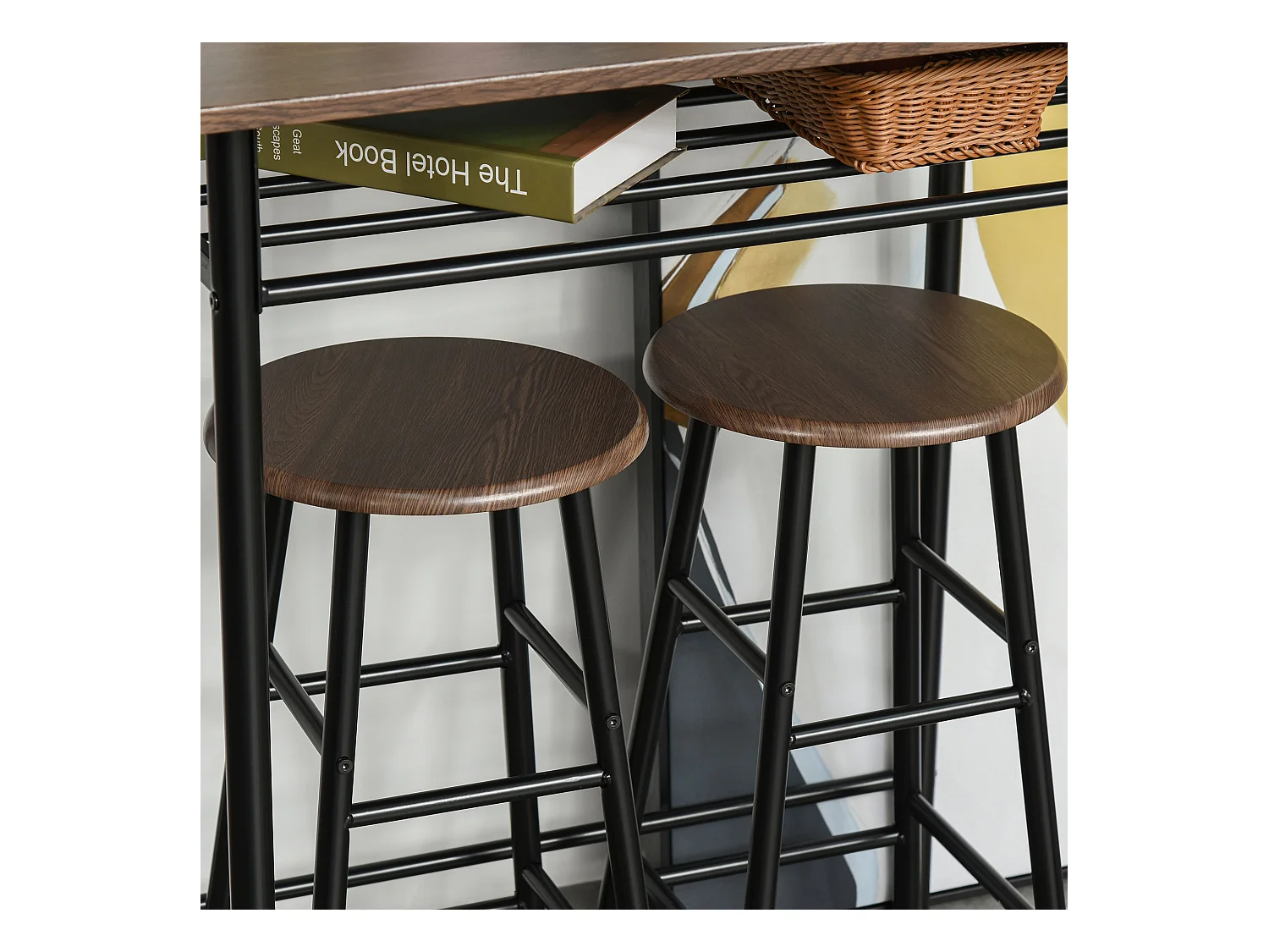 Tavolo alto con 2 sgabelli struttura in acciaio con mensola nero