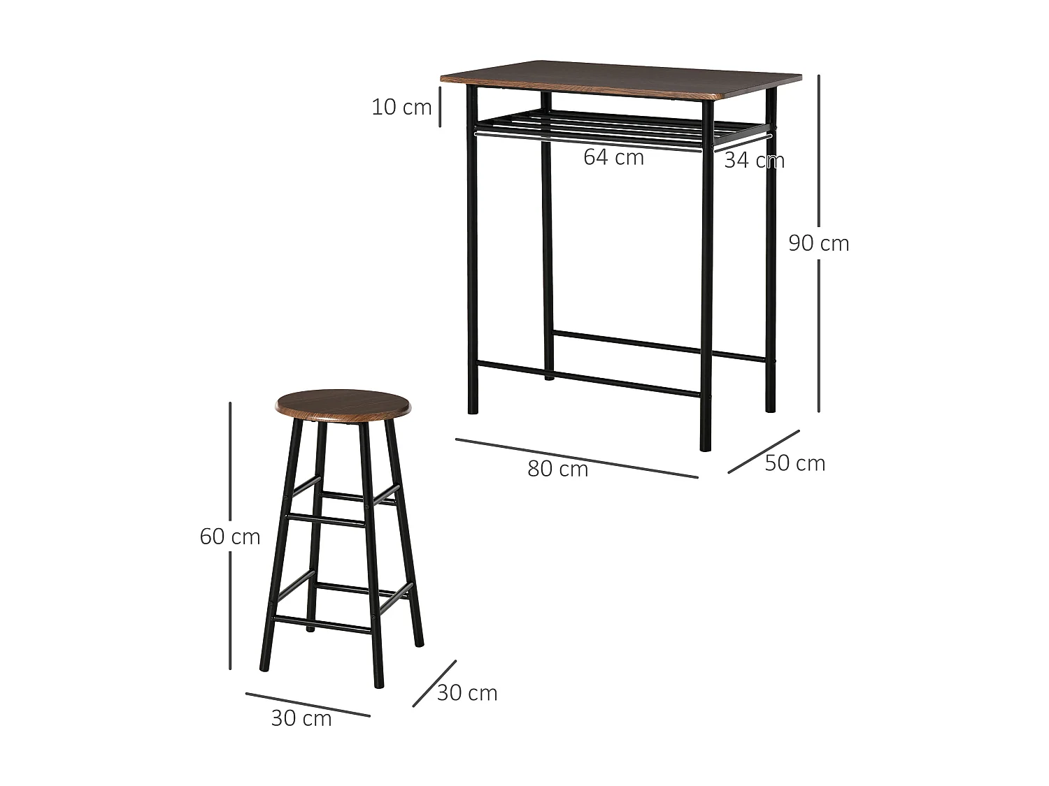 Tavolo alto con 2 sgabelli struttura in acciaio con mensola nero