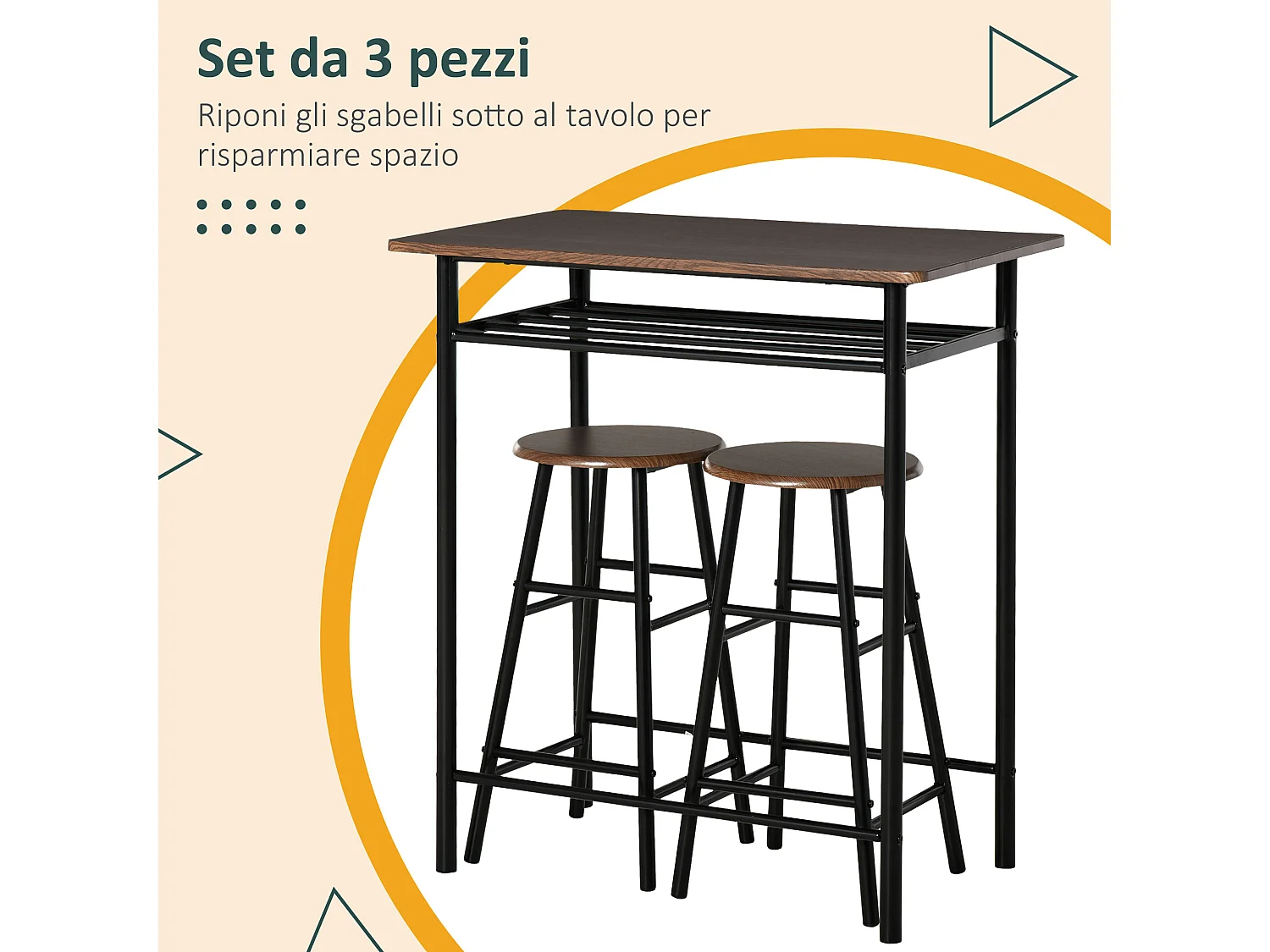 Tavolo alto con 2 sgabelli struttura in acciaio con mensola nero