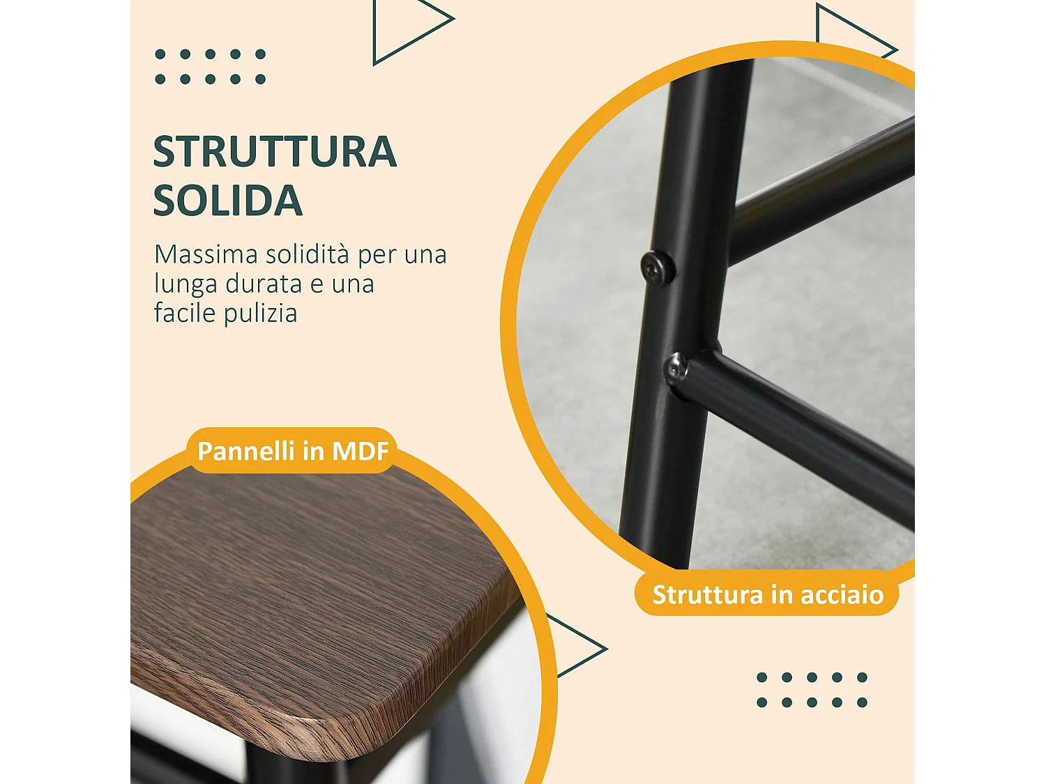 Tavolo alto con 2 sgabelli struttura in acciaio con mensola nero