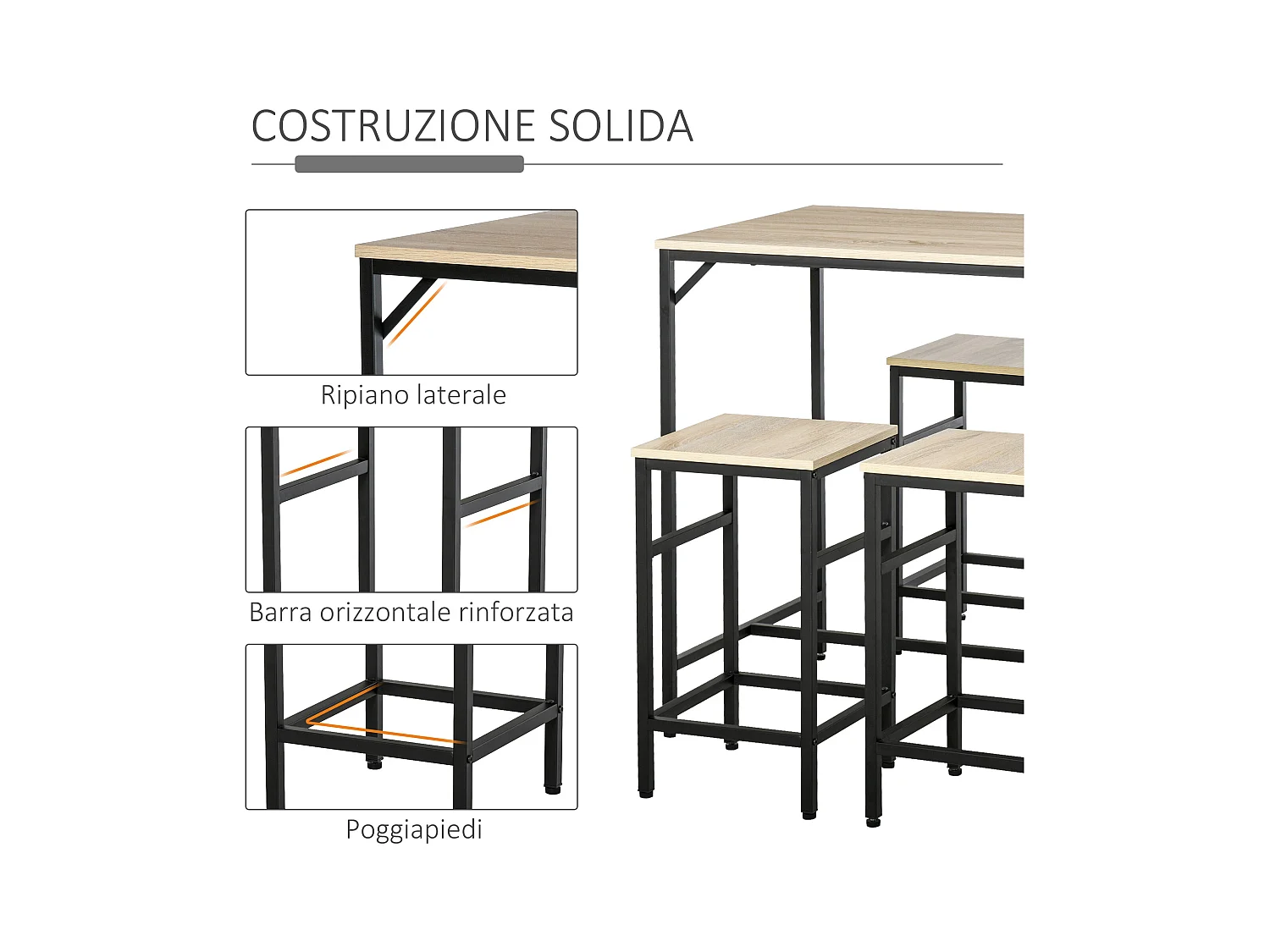 Set bancone con 4 sgabelli in metallo e legno stile industriale