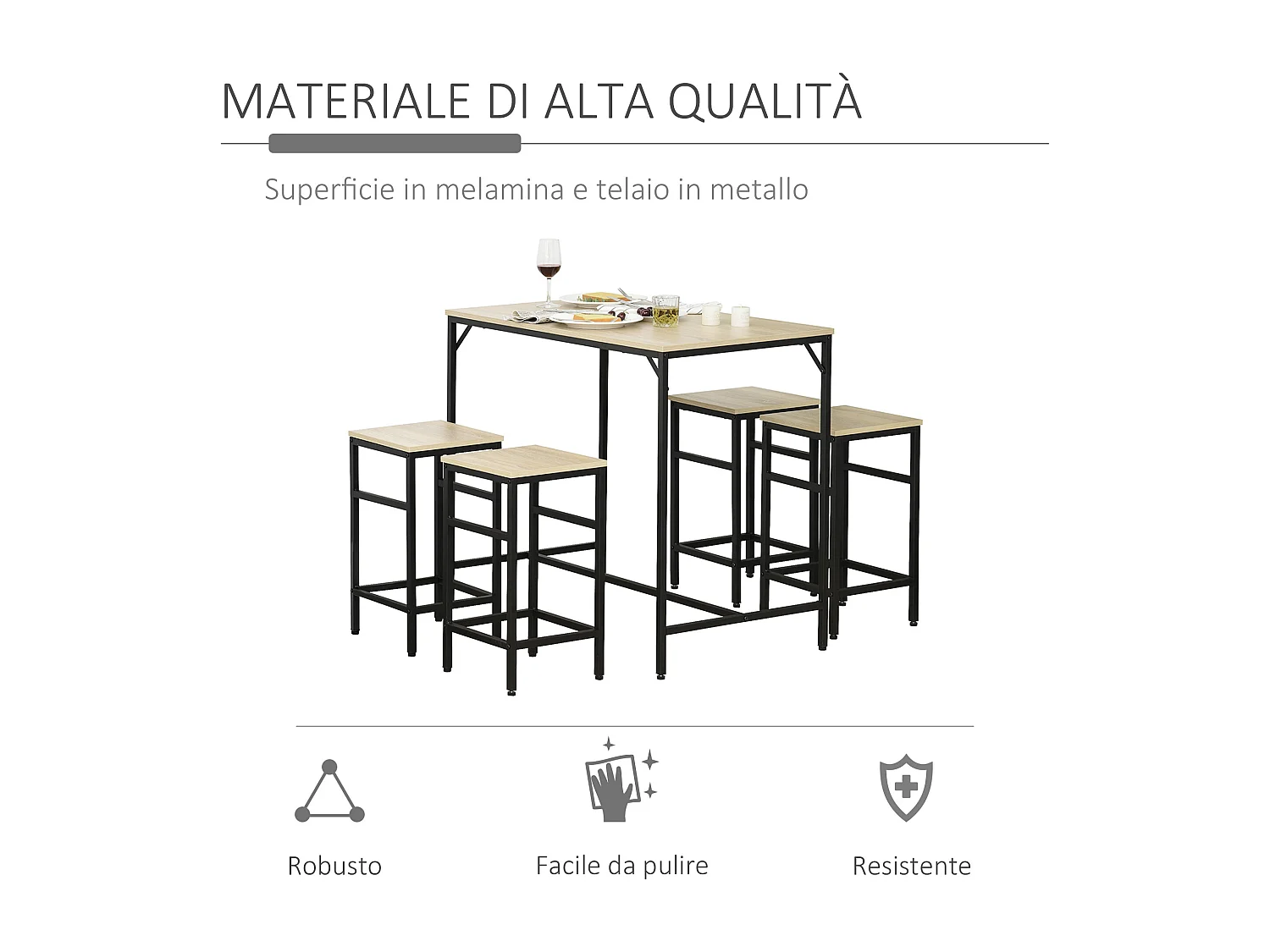 Set bancone con 4 sgabelli in metallo e legno stile industriale