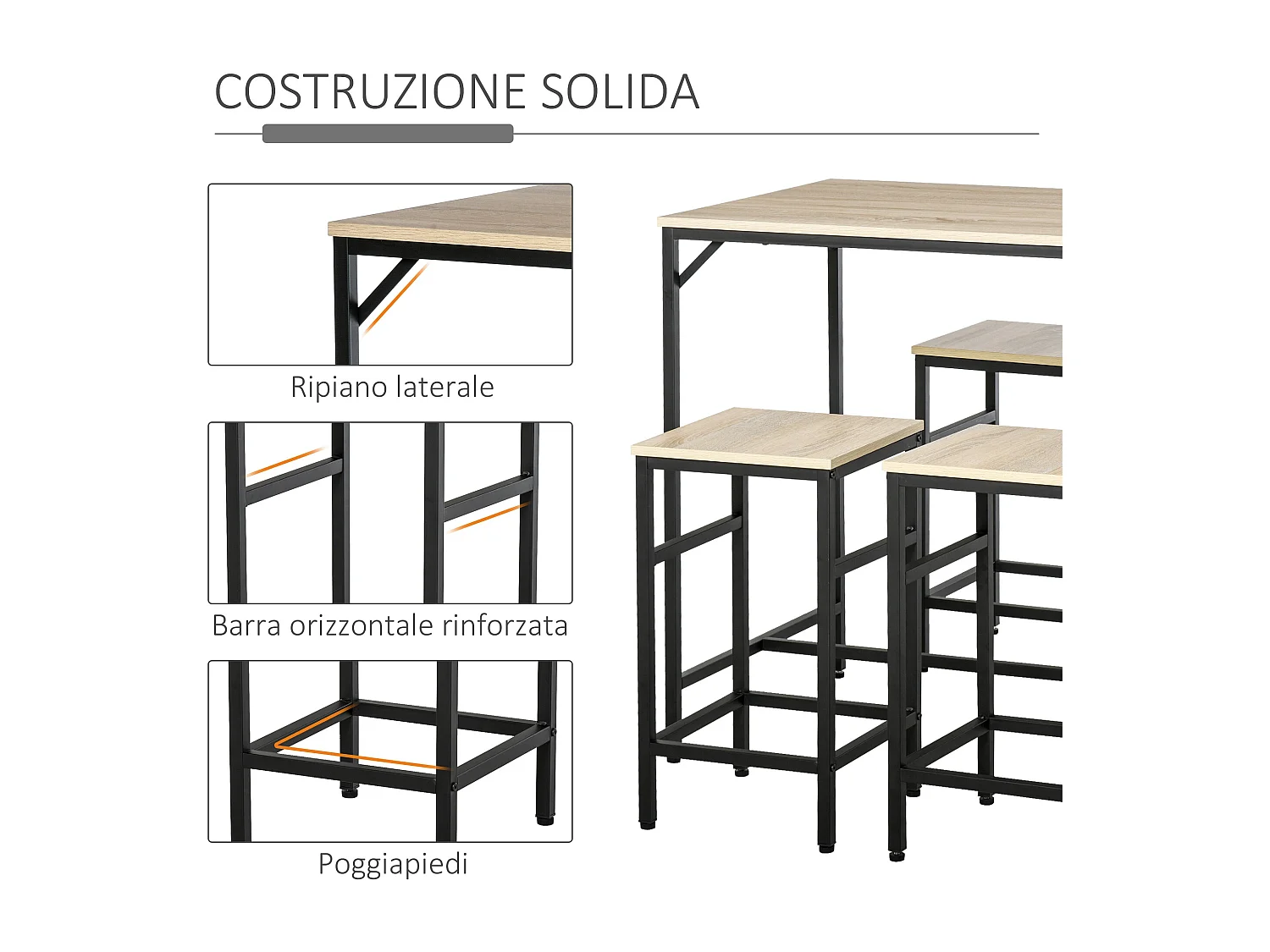 Set bancone con 4 sgabelli in metallo e legno stile industriale