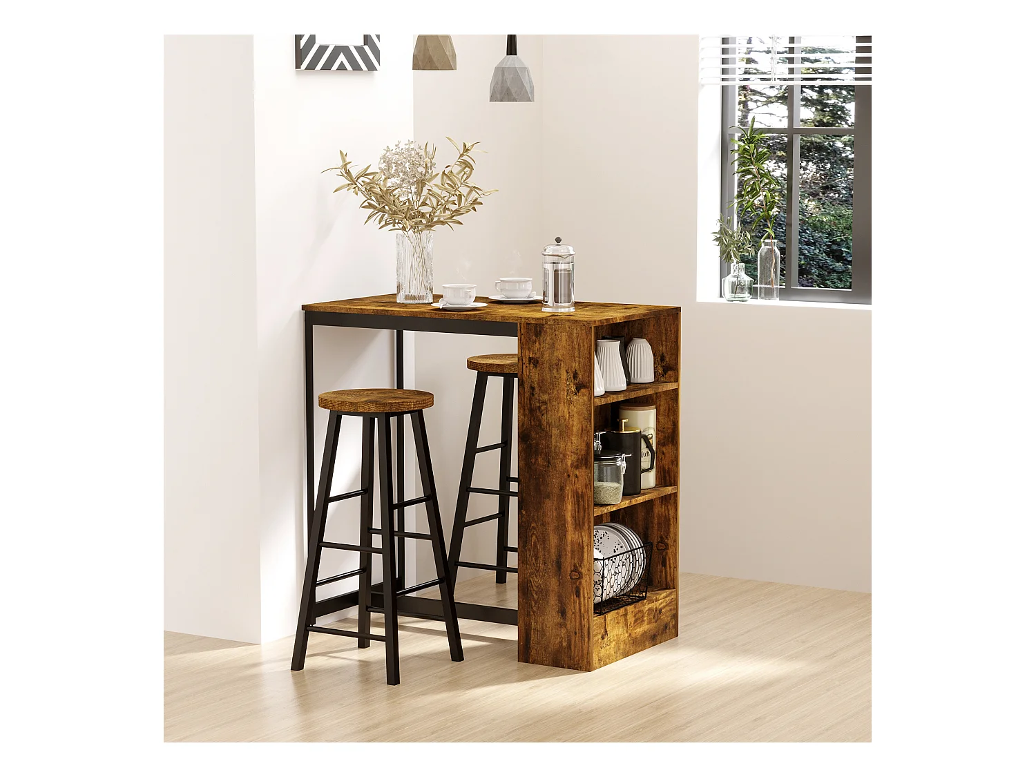 Set bancone bar con 3 ripiani e 2 sgabelli alti stile industriale