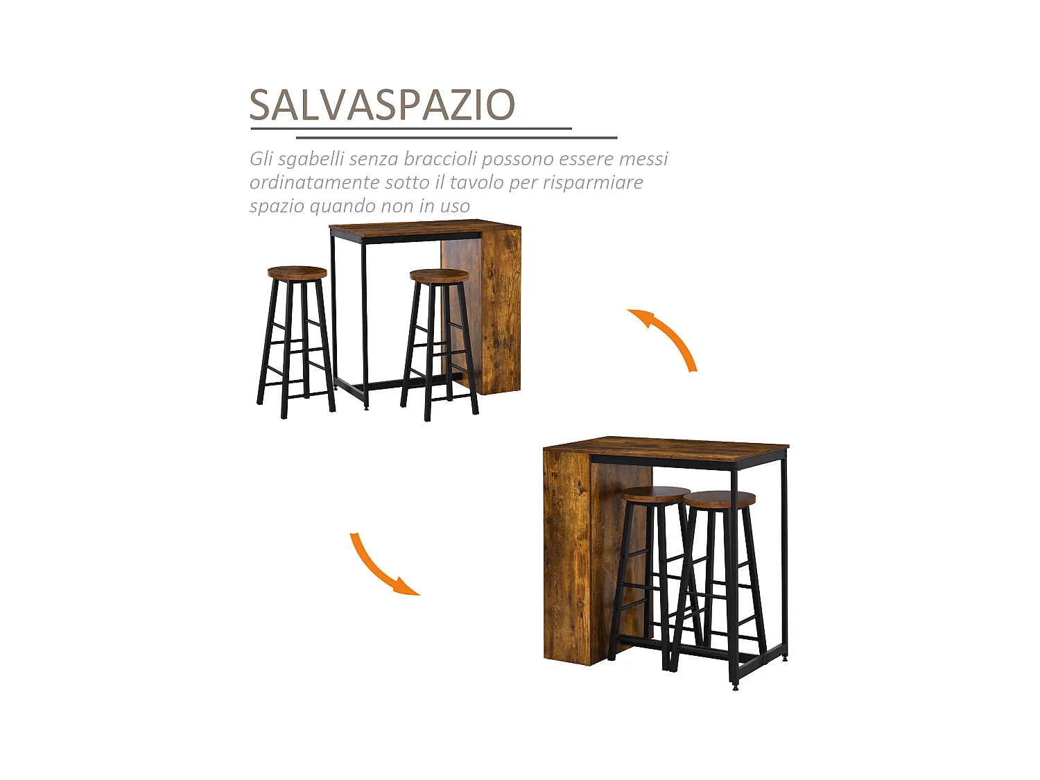 Set bancone bar con 3 ripiani e 2 sgabelli alti stile industriale