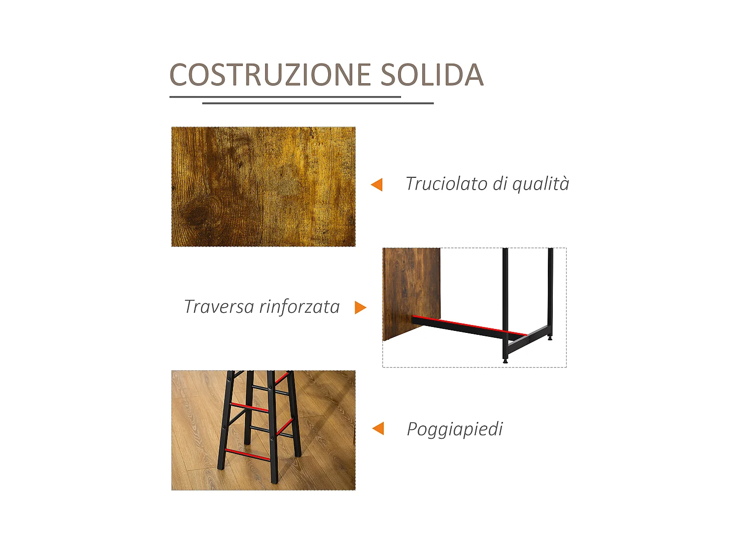 Set bancone bar con 3 ripiani e 2 sgabelli alti stile industriale