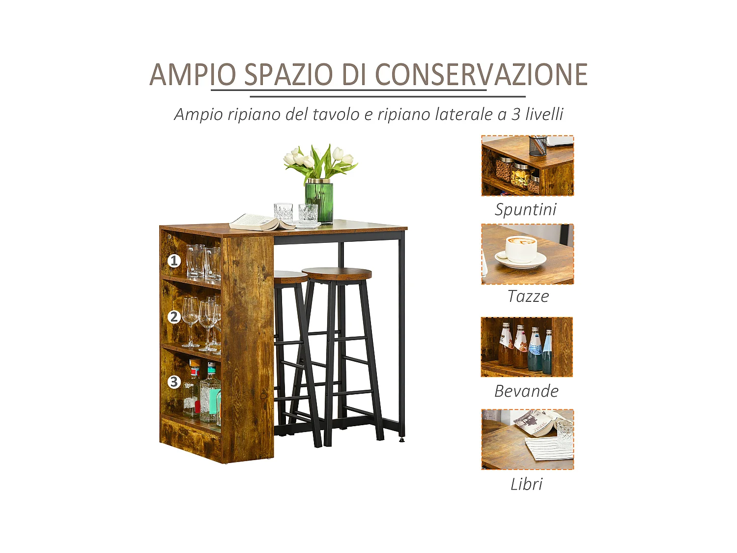 Set bancone bar con 3 ripiani e 2 sgabelli alti stile industriale