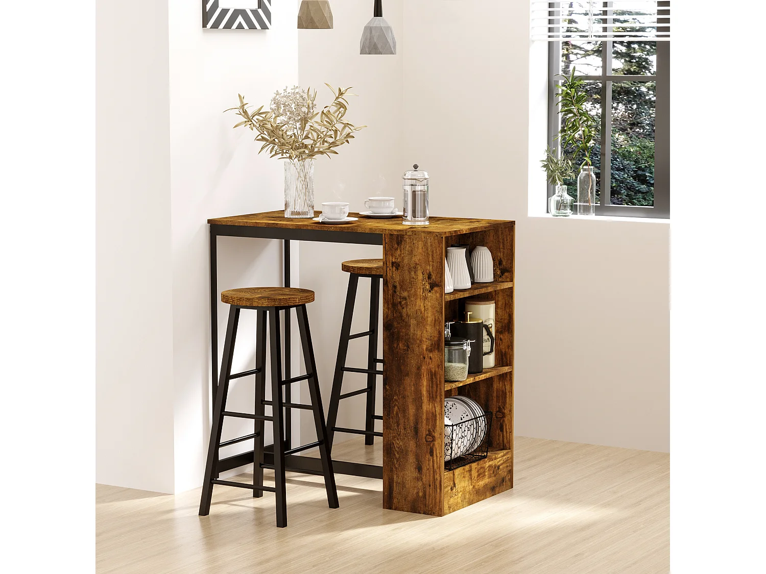 Set bancone bar con 3 ripiani e 2 sgabelli alti stile industriale