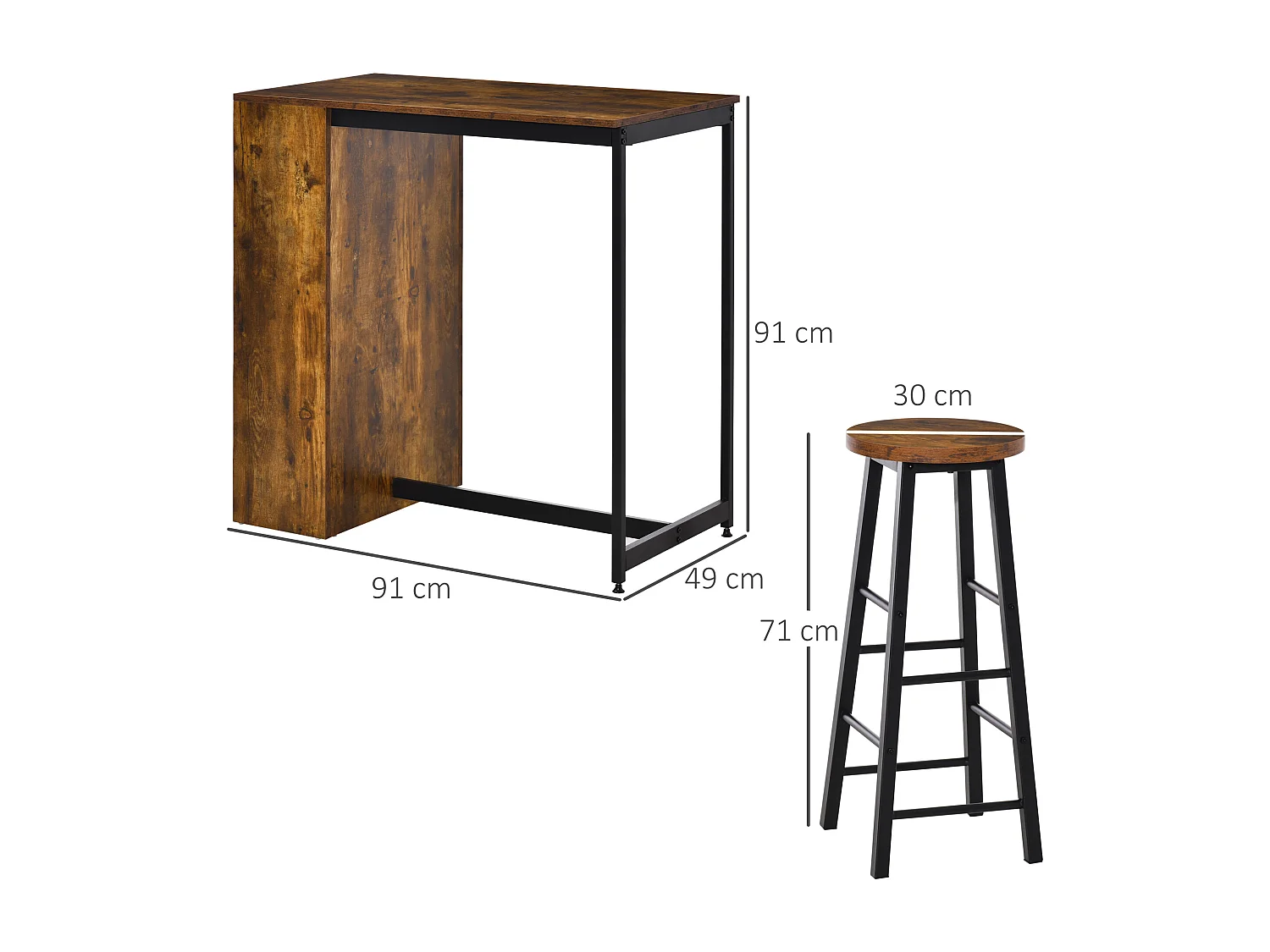 Set bancone bar con 3 ripiani e 2 sgabelli alti stile industriale