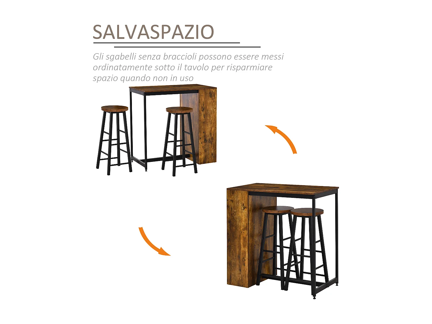 Set bancone bar con 3 ripiani e 2 sgabelli alti stile industriale