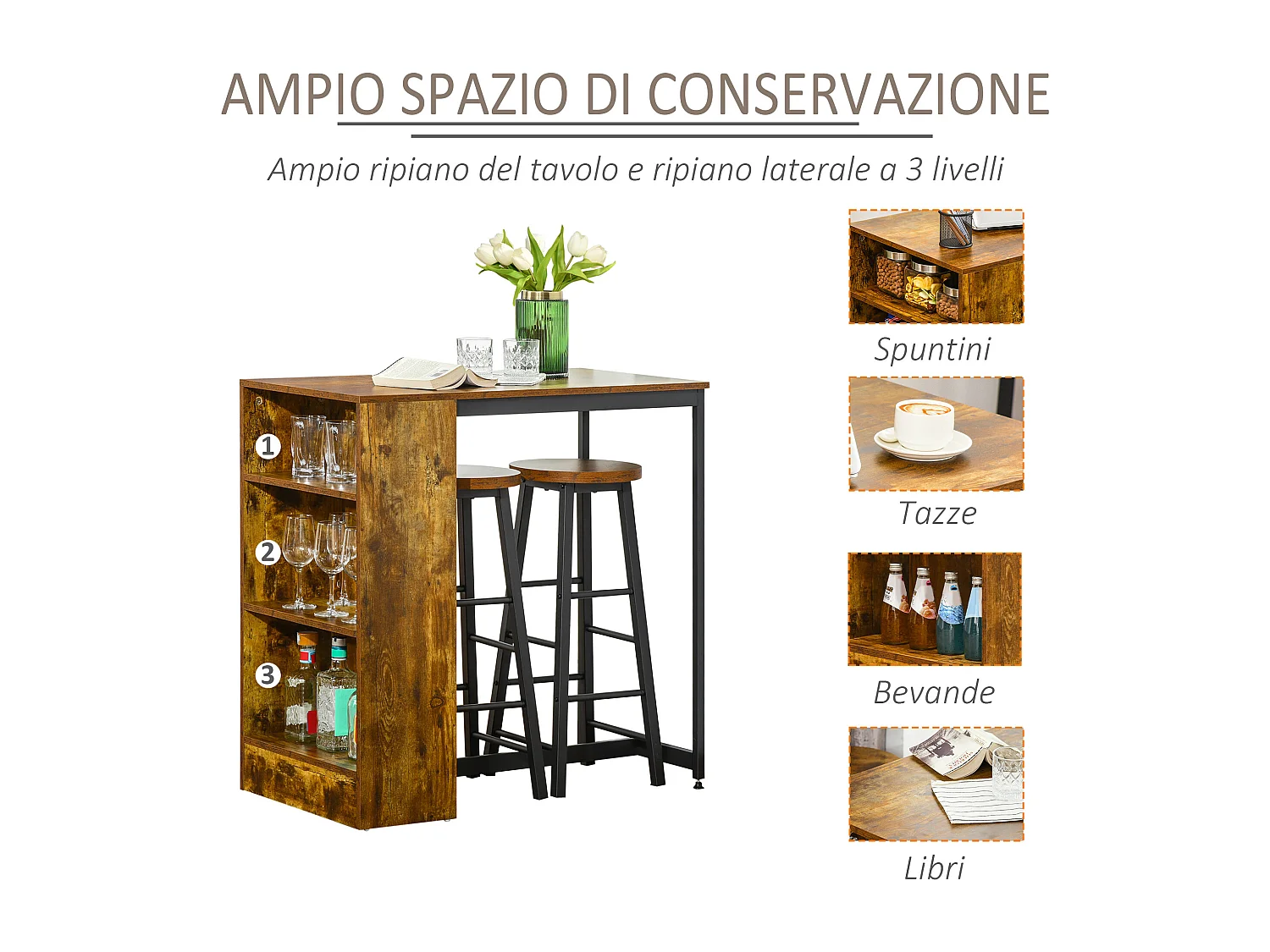 Set bancone bar con 3 ripiani e 2 sgabelli alti stile industriale