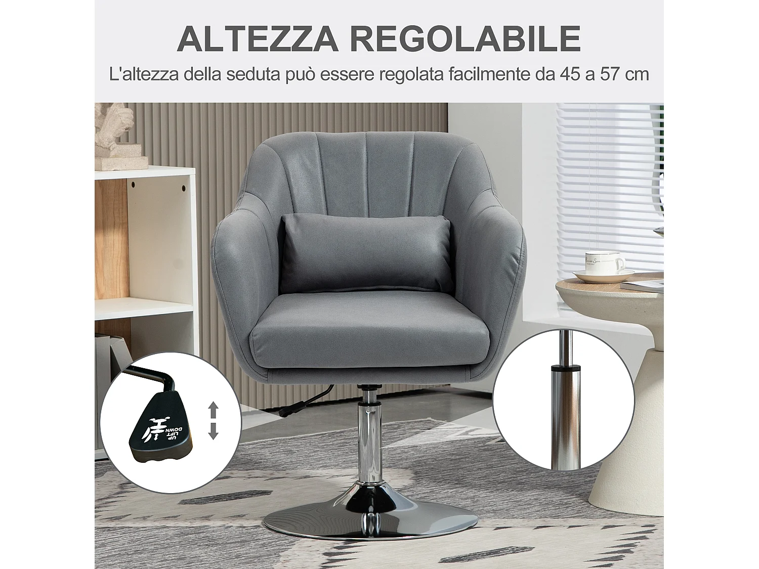 Sedia ufficio girevole con altezza regolabile e cuscino grigio