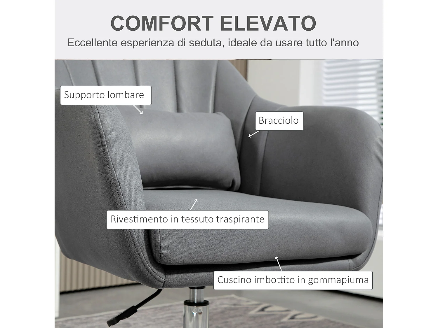 Sedia ufficio girevole con altezza regolabile e cuscino grigio