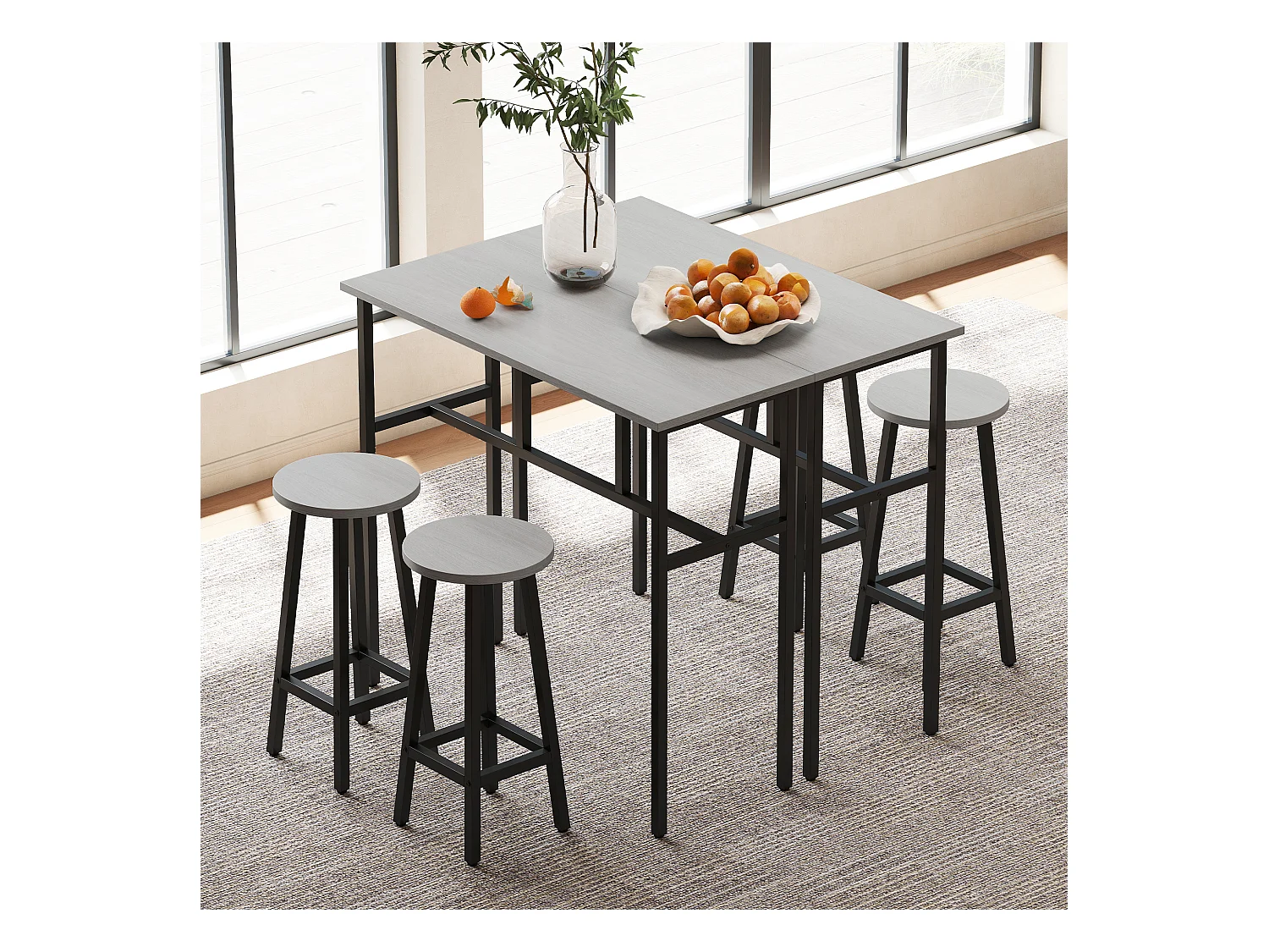 Set bar 6 pezzi con 4 sgabelli da bar e 2 tavoli in legno