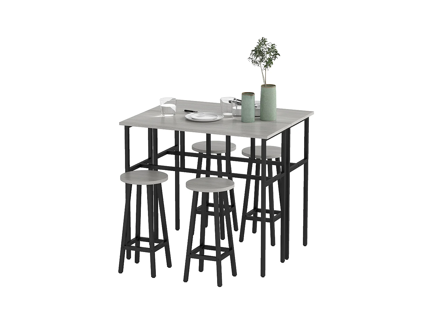 Set bar 6 pezzi con 4 sgabelli da bar e 2 tavoli in legno