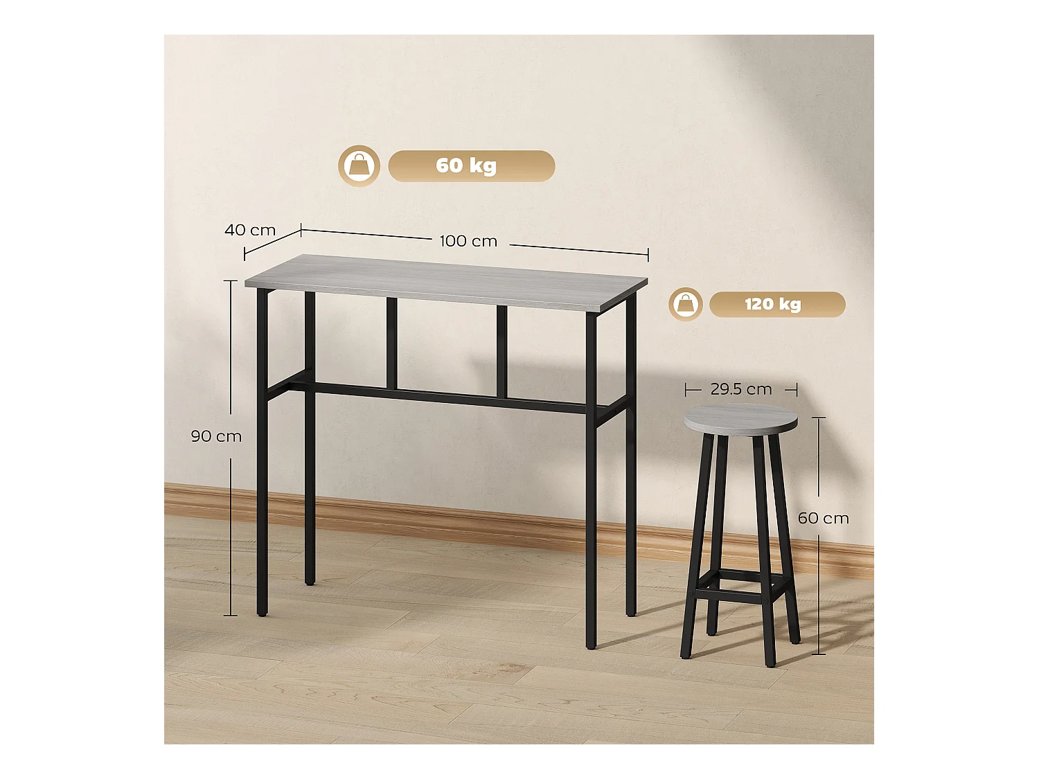 Set bar 6 pezzi con 4 sgabelli da bar e 2 tavoli in legno