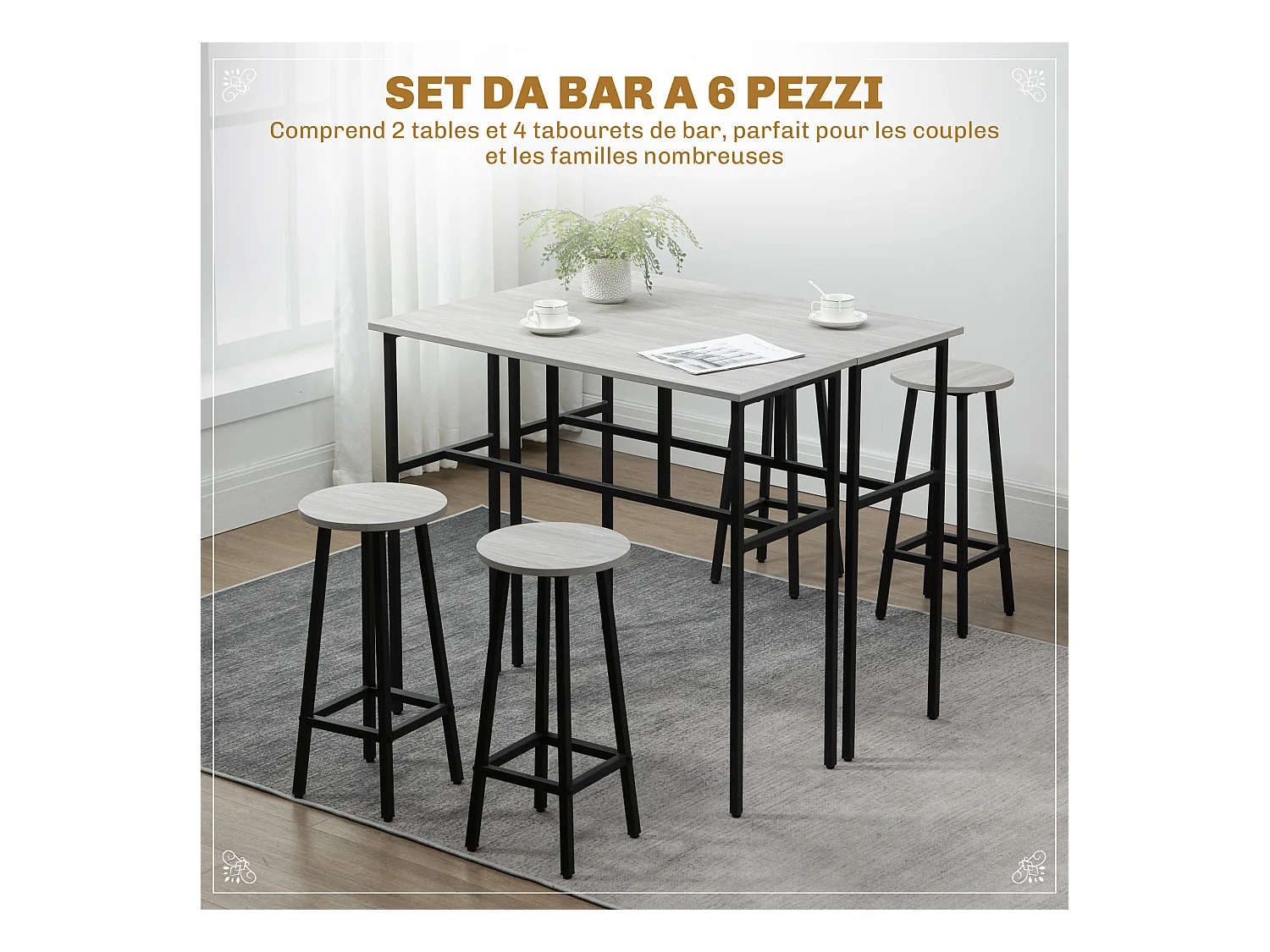 Set bar 6 pezzi con 4 sgabelli da bar e 2 tavoli in legno