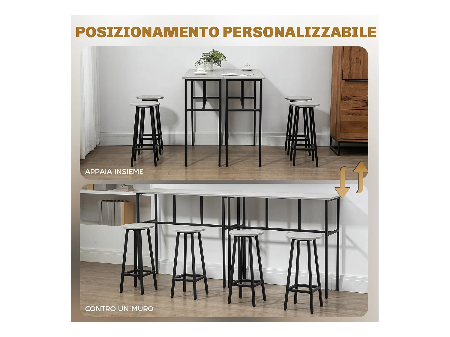 Set bar 6 pezzi con 4 sgabelli da bar e 2 tavoli in legno