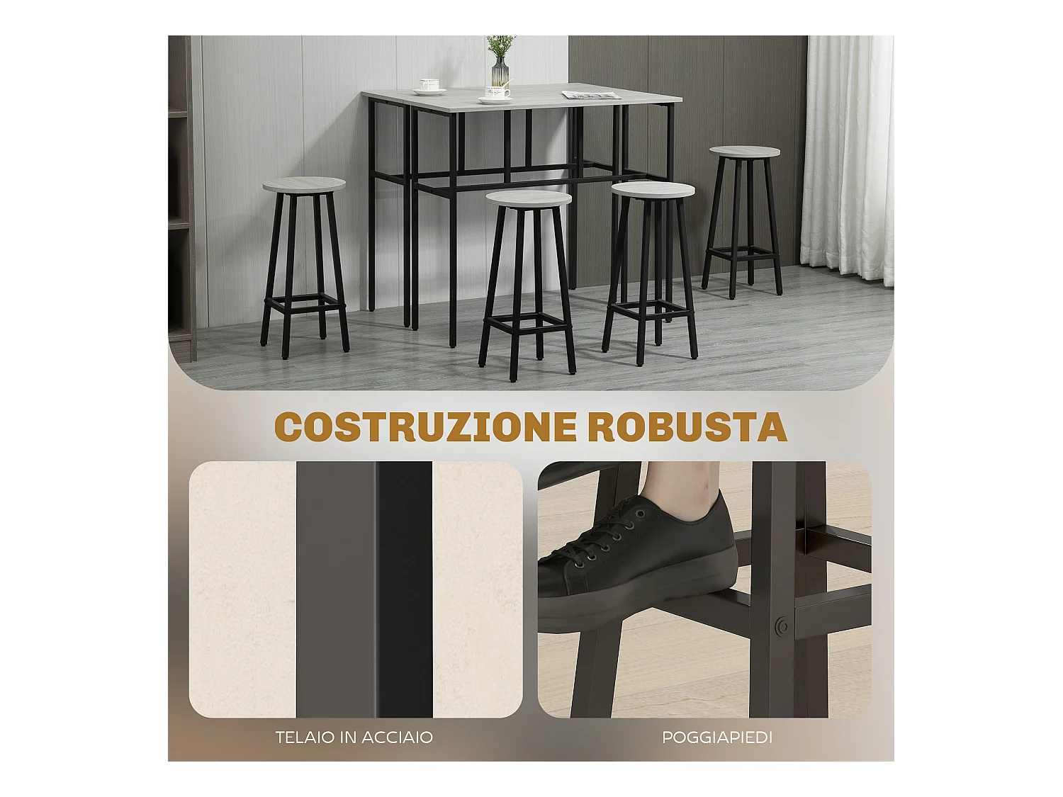 Set bar 6 pezzi con 4 sgabelli da bar e 2 tavoli in legno