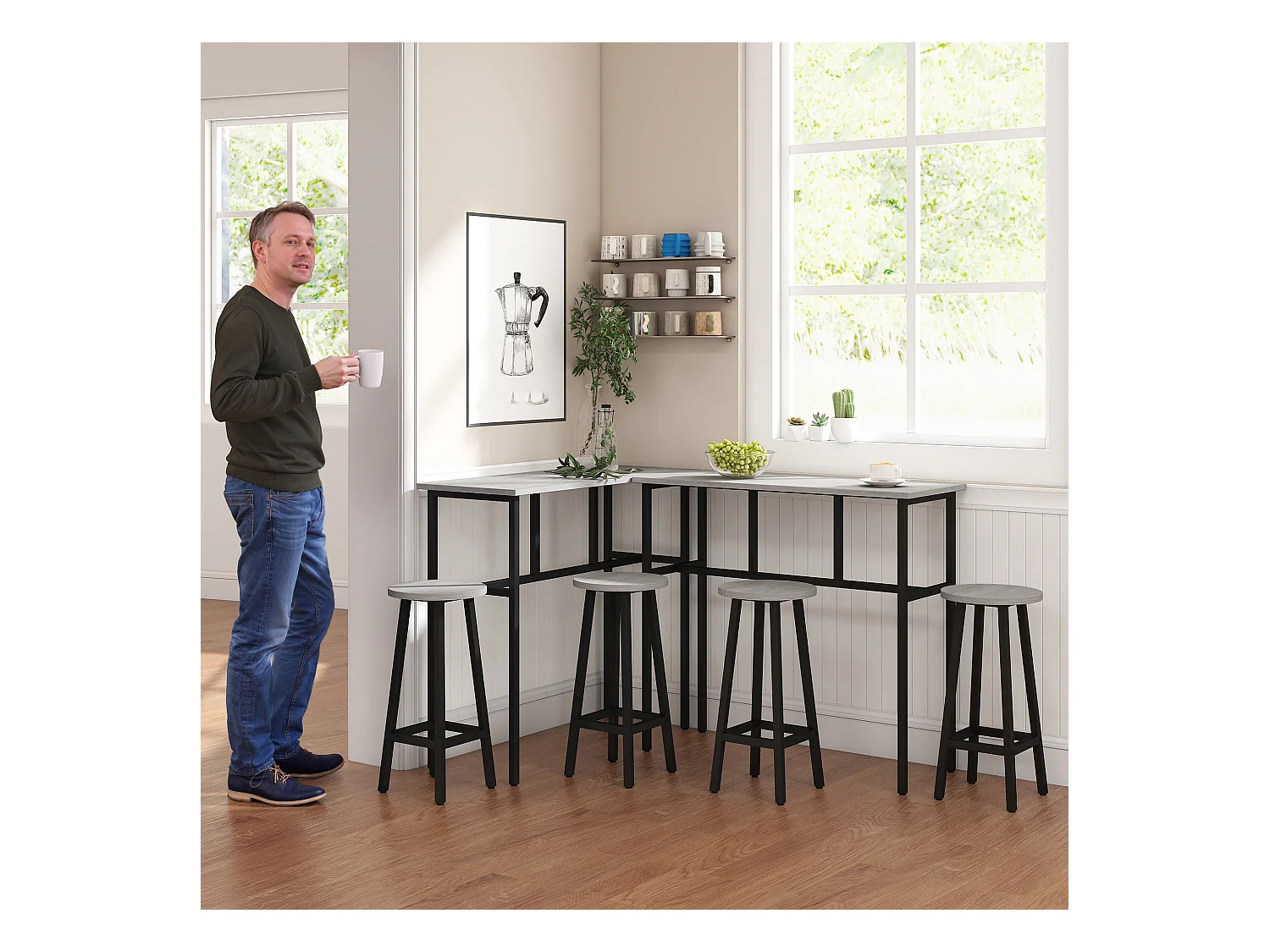 Set bar 6 pezzi con 4 sgabelli da bar e 2 tavoli in legno