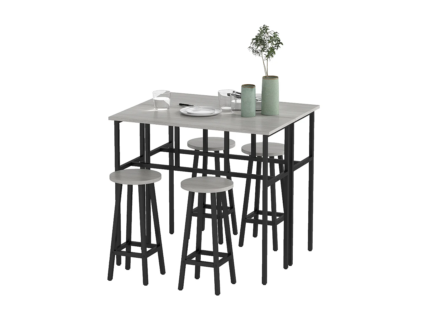 Set bar 6 pezzi con 4 sgabelli da bar e 2 tavoli in legno