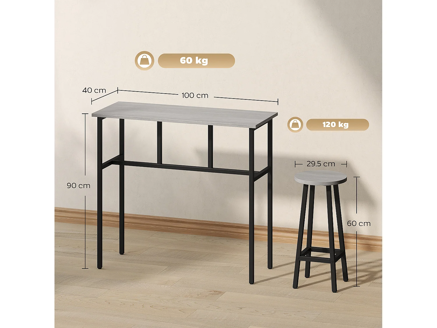 Set bar 6 pezzi con 4 sgabelli da bar e 2 tavoli in legno