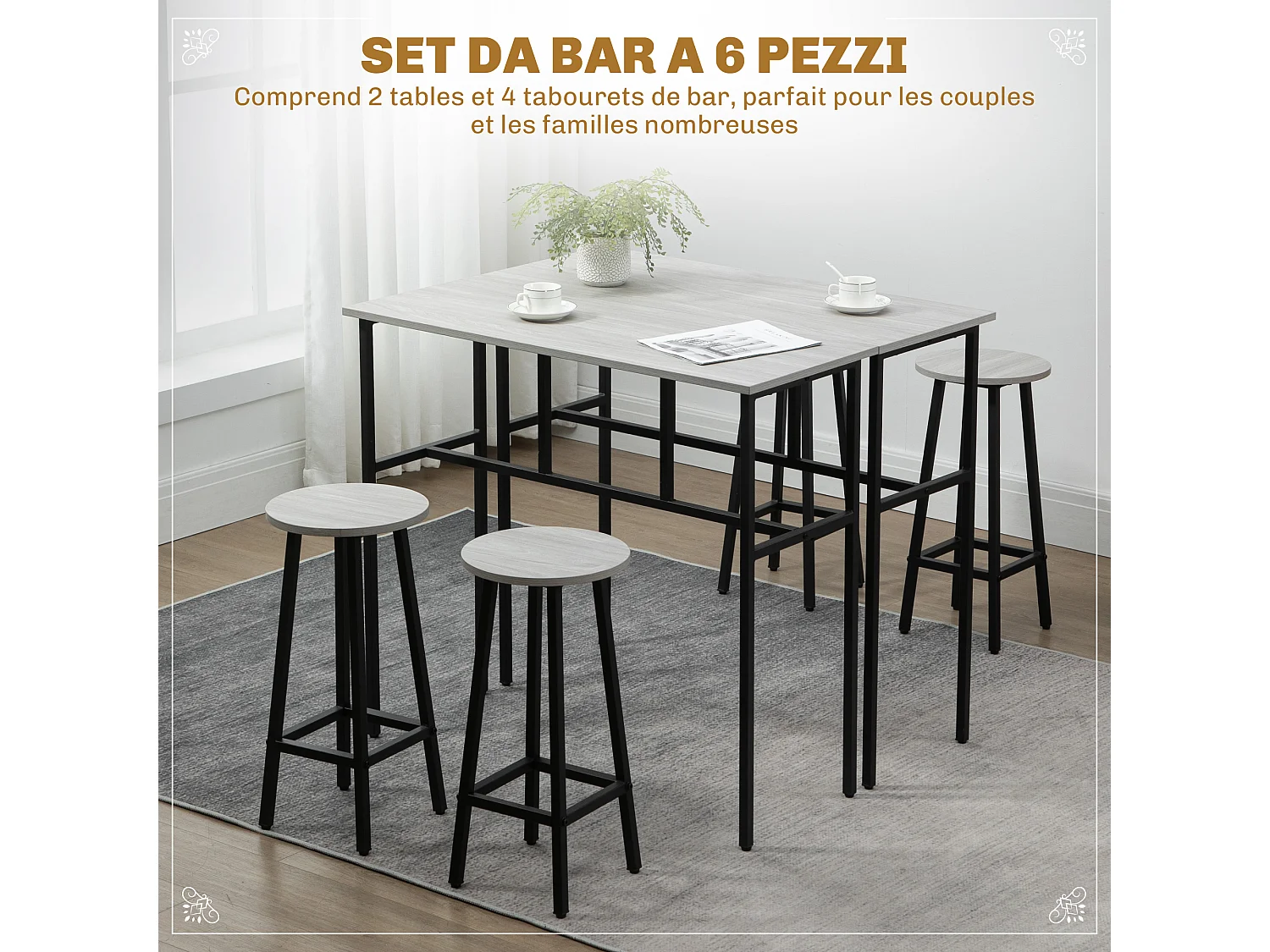 Set bar 6 pezzi con 4 sgabelli da bar e 2 tavoli in legno