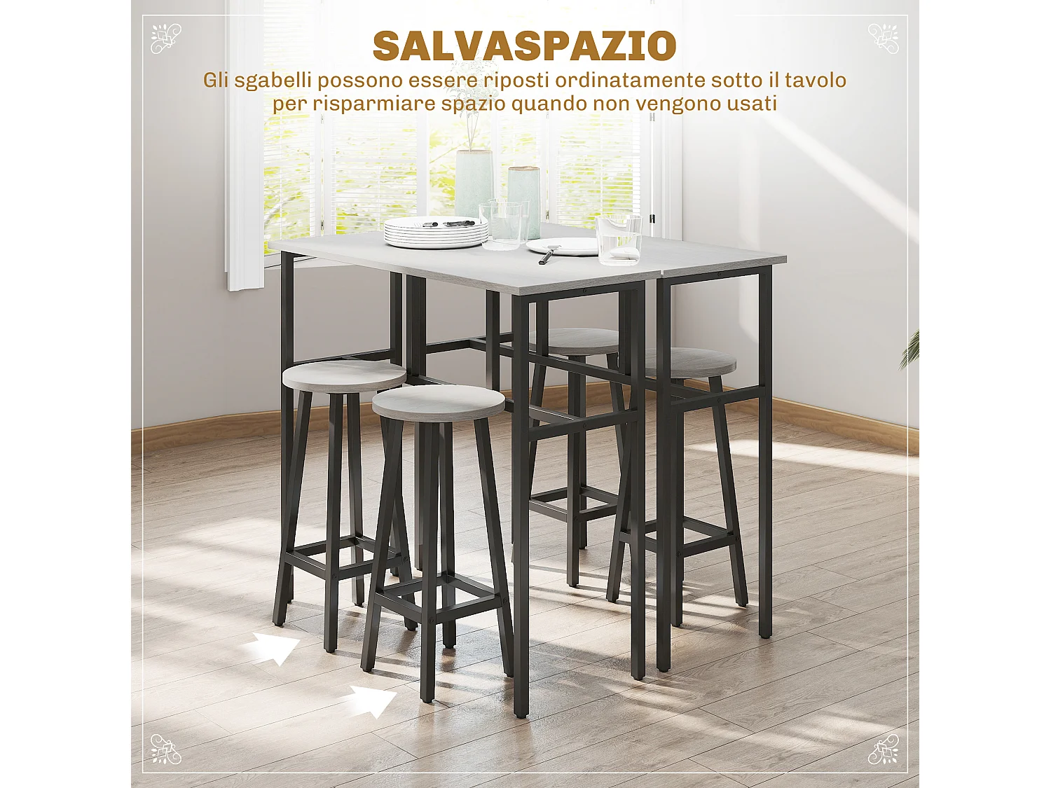 Set bar 6 pezzi con 4 sgabelli da bar e 2 tavoli in legno