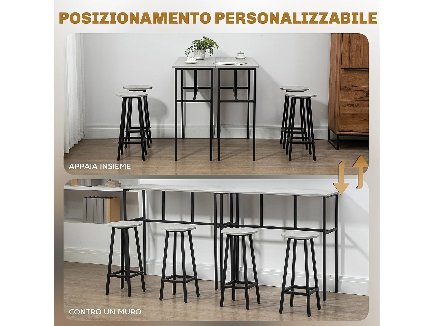 Set bar 6 pezzi con 4 sgabelli da bar e 2 tavoli in legno