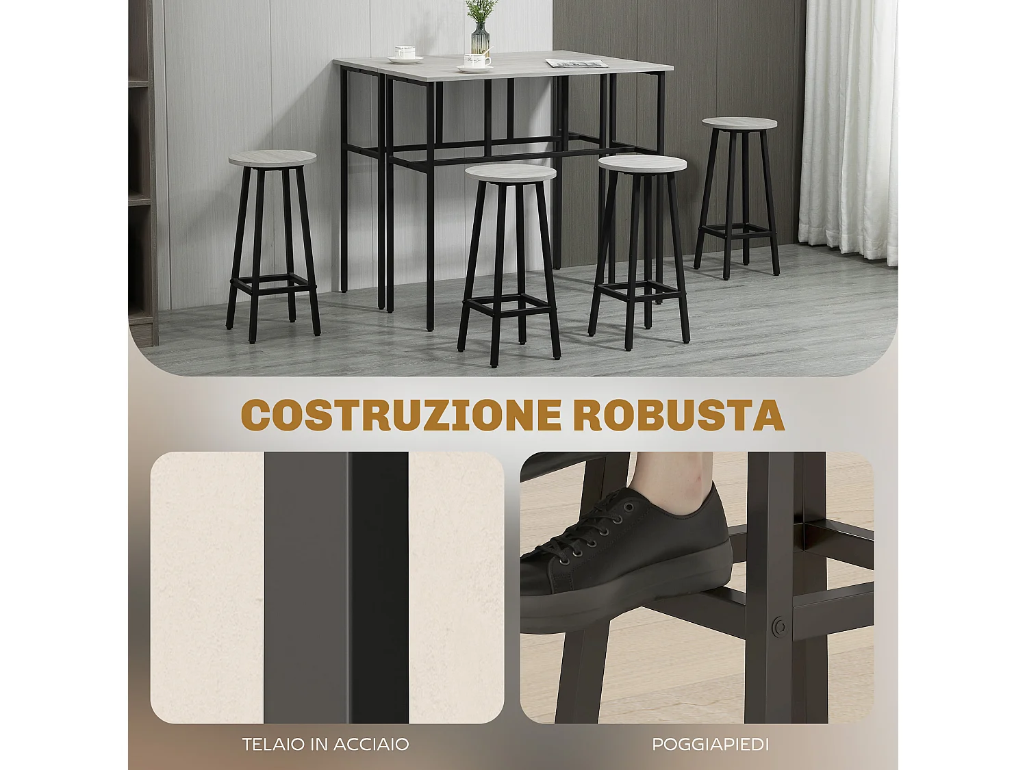 Set bar 6 pezzi con 4 sgabelli da bar e 2 tavoli in legno