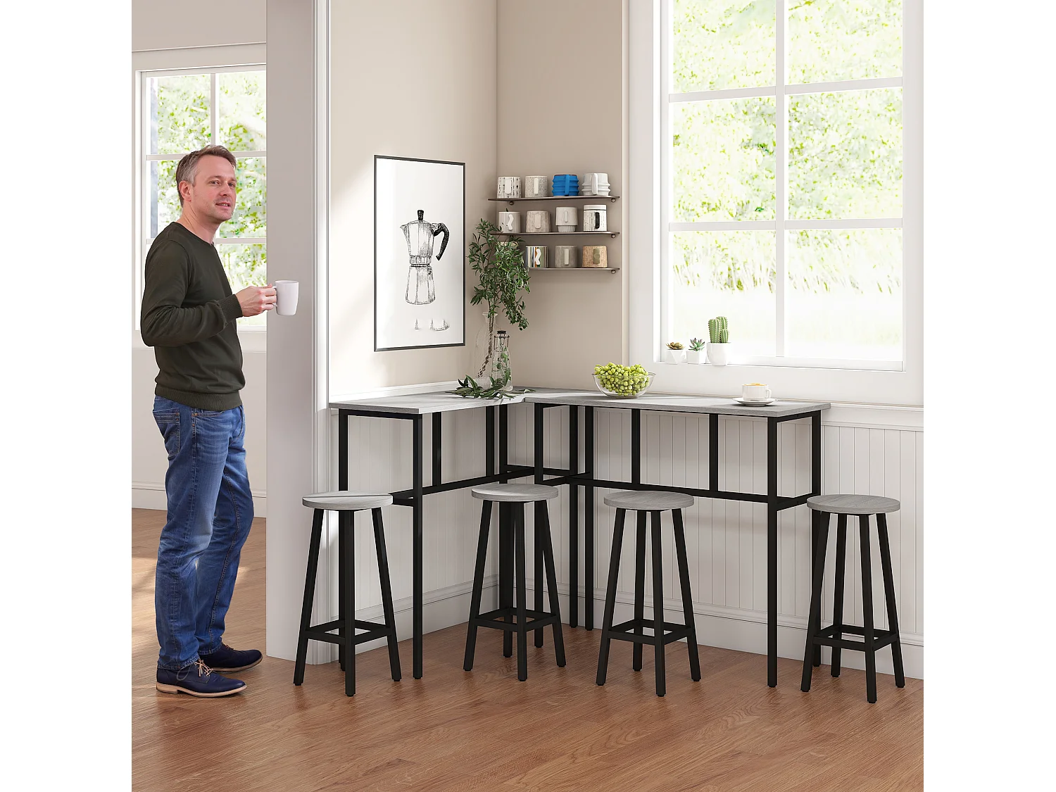 Set bar 6 pezzi con 4 sgabelli da bar e 2 tavoli in legno