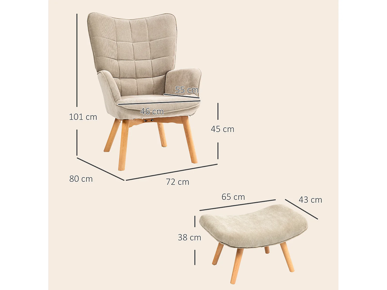 Poltrona con poggiapiedi in tessuto effetto velluto marrone chiaro