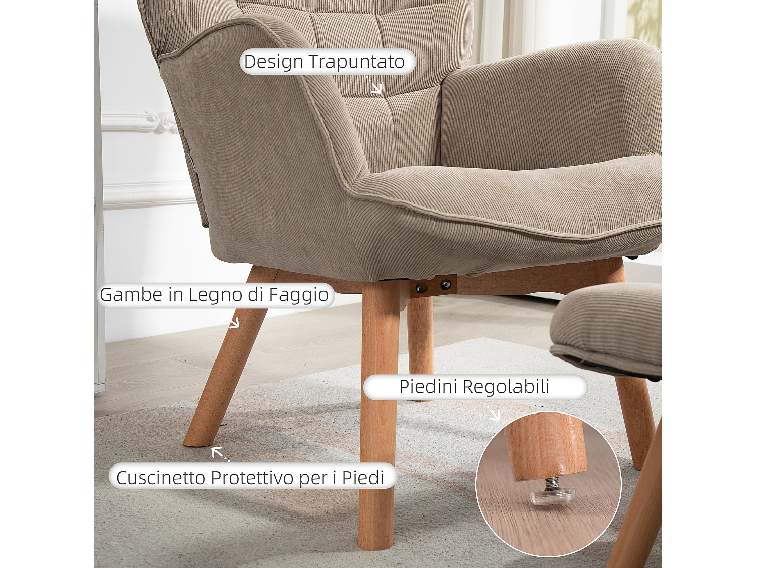 Poltrona con poggiapiedi in tessuto effetto velluto marrone chiaro