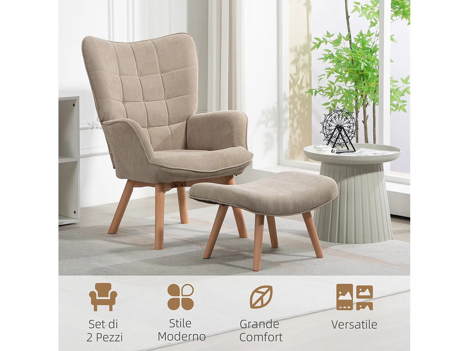 Poltrona con poggiapiedi in tessuto effetto velluto marrone chiaro