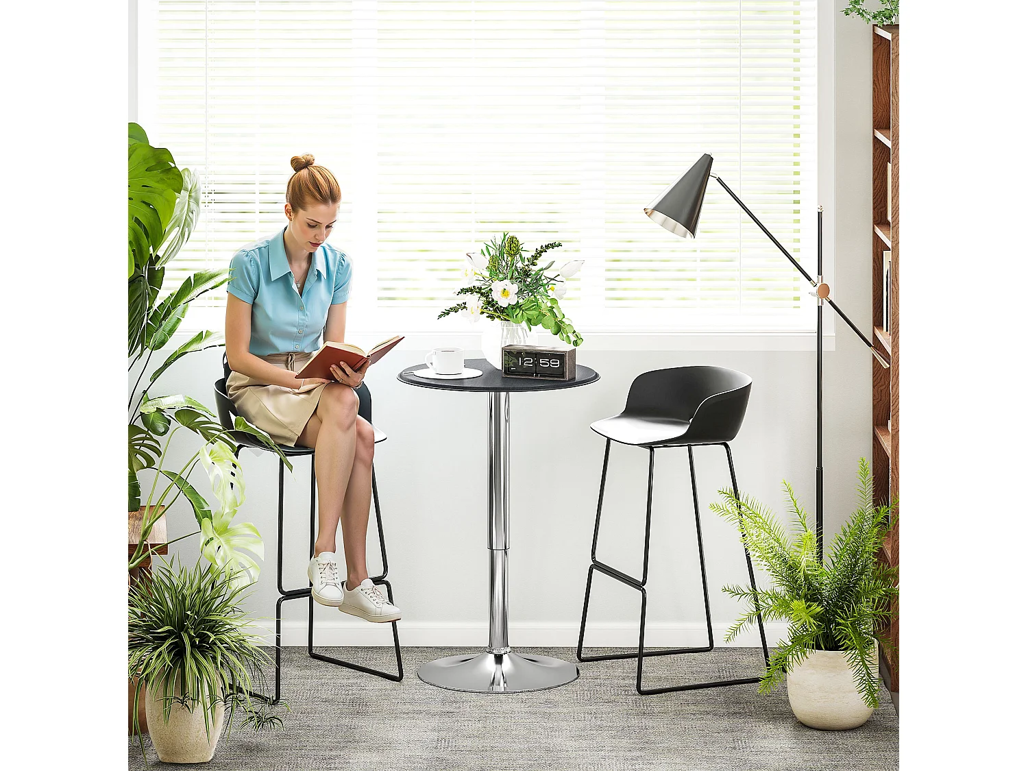 Tavolino da bar cromato regolabile con sistema lift up in pvc nero