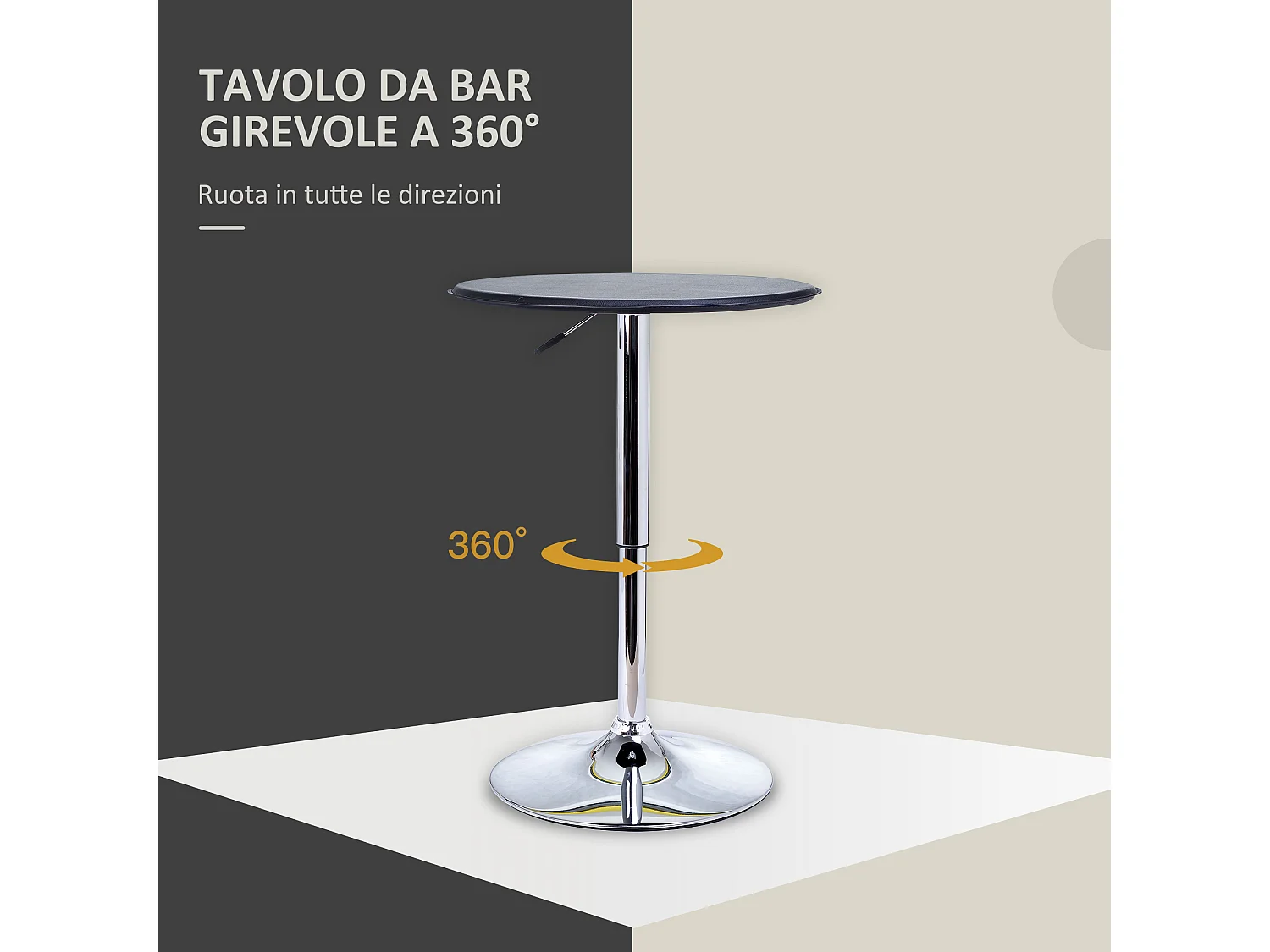 Tavolino da bar cromato regolabile con sistema lift up in pvc nero
