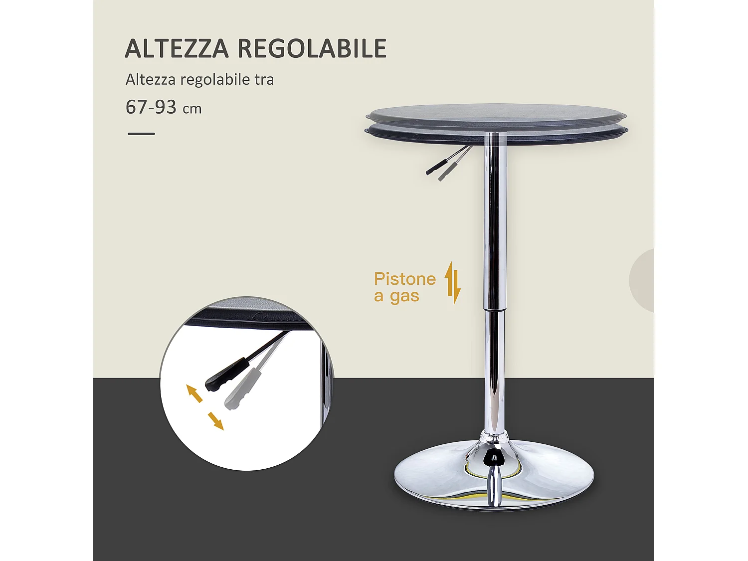 Tavolino da bar cromato regolabile con sistema lift up in pvc nero